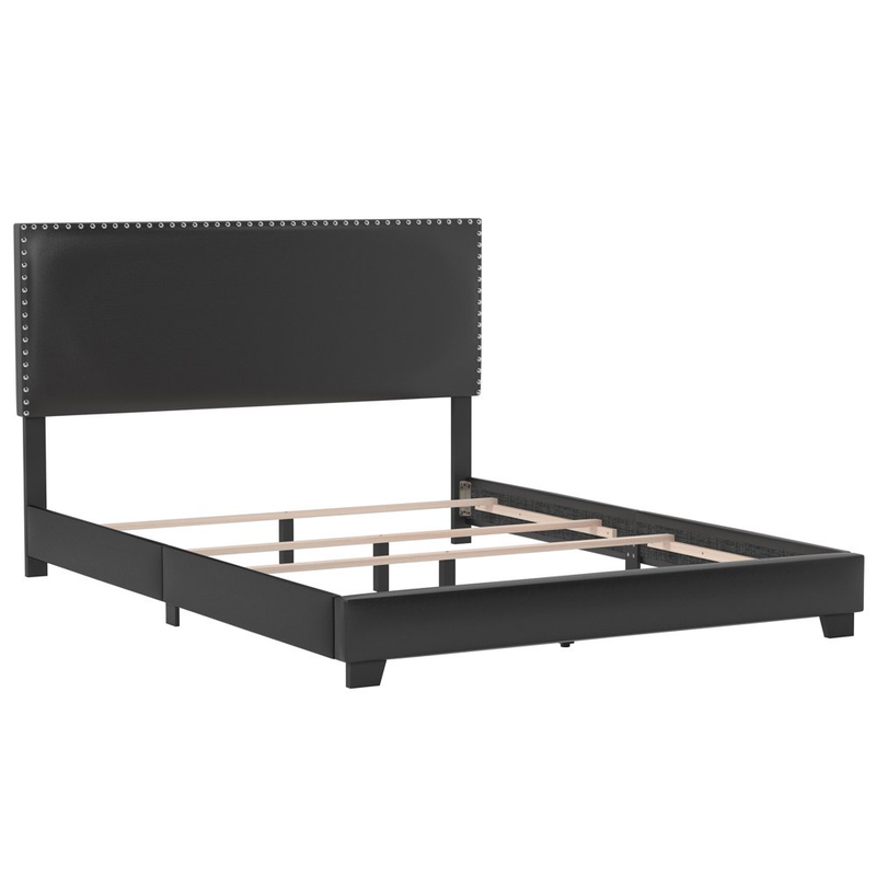 Full Bed Frame Upholstered Faux Leather Nailhead Trim Black Solid Wood Espresso