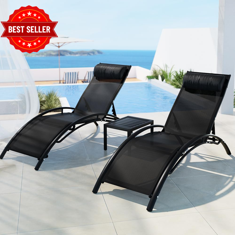 3Pcs Sun Lounge Patio Furniture Table Lounger Day Bed Pool Black