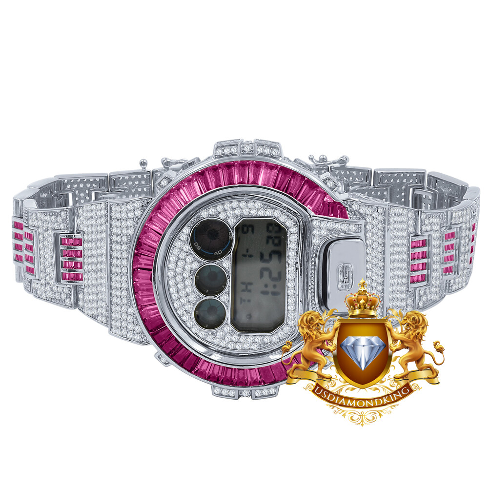 Pre-owned Usdiamondking Baguette Pink Tourmaline White Gold Casio Shock Authentic Dw-6900 Custom Watch