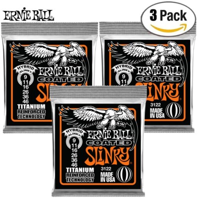3-PACK Ernie Ball 3122 Hybrid Slinky Coated Titanium Guitar Strings 9-46