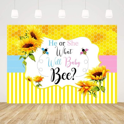 7x5ft Bee Baby Shower Backdrop He or She What Will Baby Bee Gold Sunflower Ho...