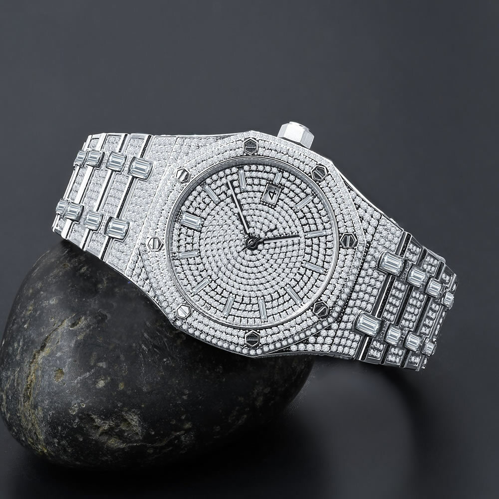 Pre-owned Bling Master Full Steel Baguette Men's White Gold Tone Finish Simulated Diamonds 42 Mm Watch