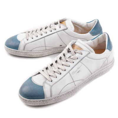 Pre-owned Santoni $710  White And Blue Vintage-look Leather Sneakers Us 6.5 Shoes