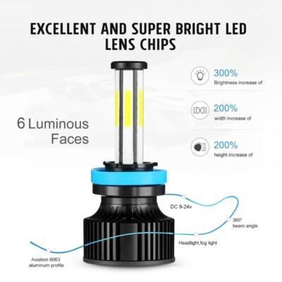 6-Sided H11 H9 H8 6500K LED Headlight Bulbs Kit Super Bright White High/Low Beam