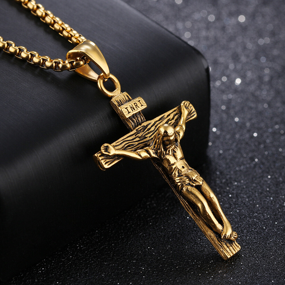 Men's Stainless Steel Jesus Christ Crucifix Cross Pendant Chain Necklace