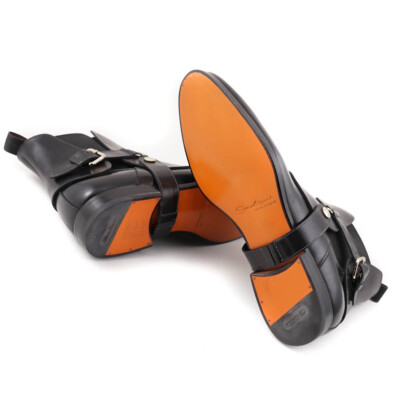 Pre-owned Santoni $1295  Fatte A Mano Black Chelsea Boots W/ Buckle Detail Us 6.5 Shoes