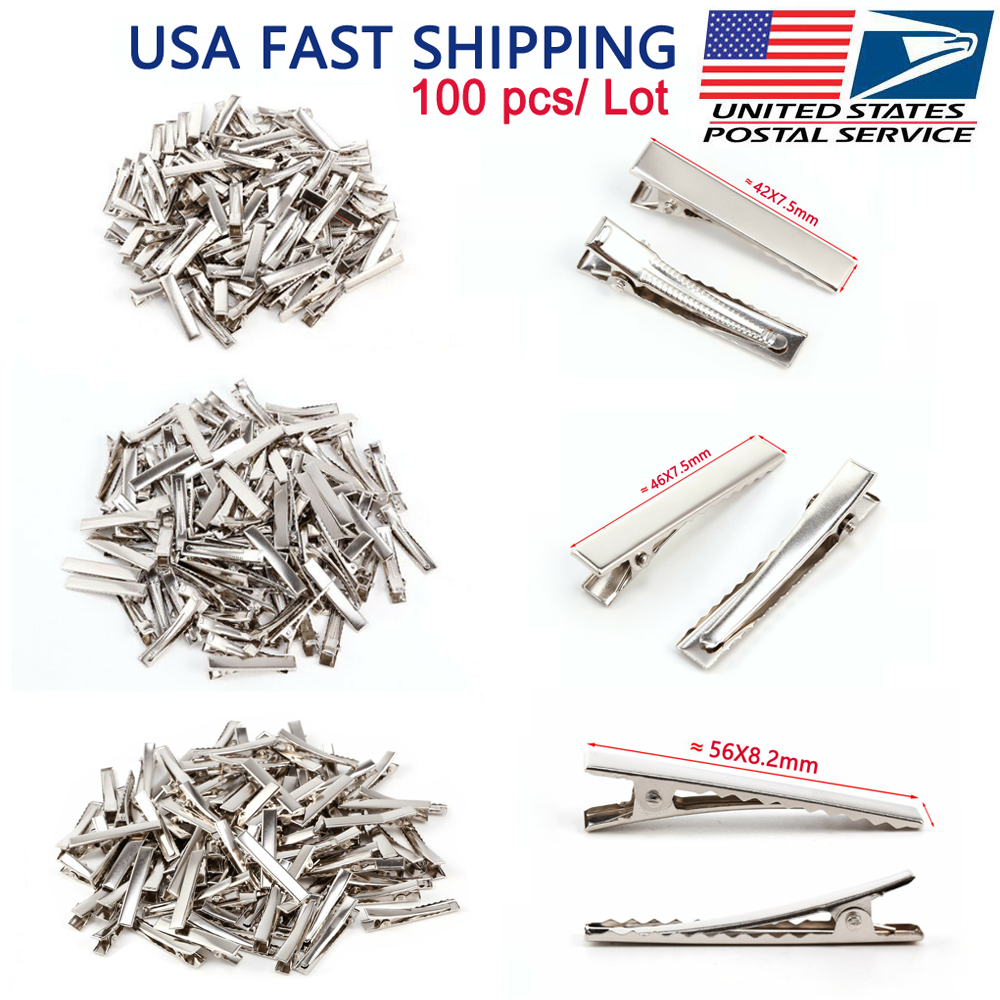 100pcs Alligator Hair Clips Silver Metal Crocodile Bows Barrette 42/46/56/76 mm