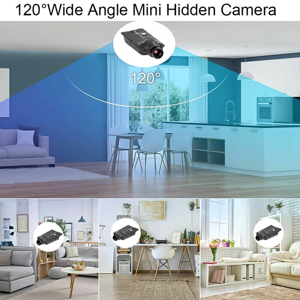 120-degree wide-angle mini hidden camera in various rooms.