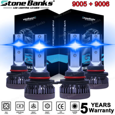 4x Combo 9005+9006 LED Headlight High/Low Beam Bulbs Kit Super Bright 8000K Blue
