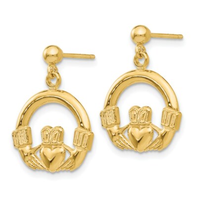Pre-owned Skyjewelers Real 14kt Yellow Gold Dangling Claddagh Post Earrings