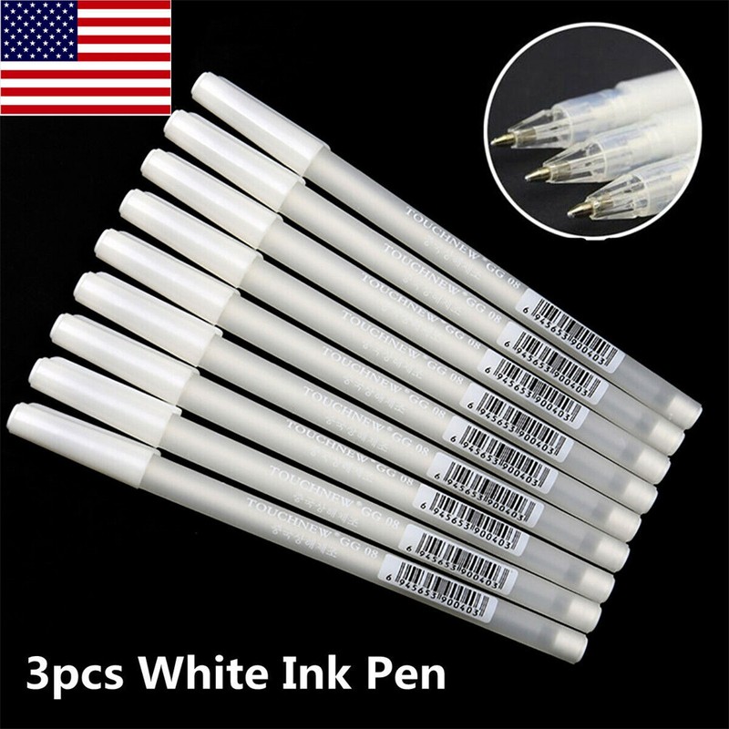 3x White Gel Ink Marker Pen Drawing Art Fine Tip Sketching-Painting Tools 0.8MM