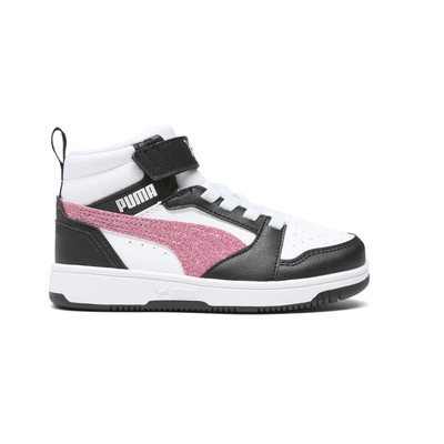 Кроссовки Puma Rebound V6 Mid Glitz с высоким берцем и перфорацией для маленьких девочек, черные, белые