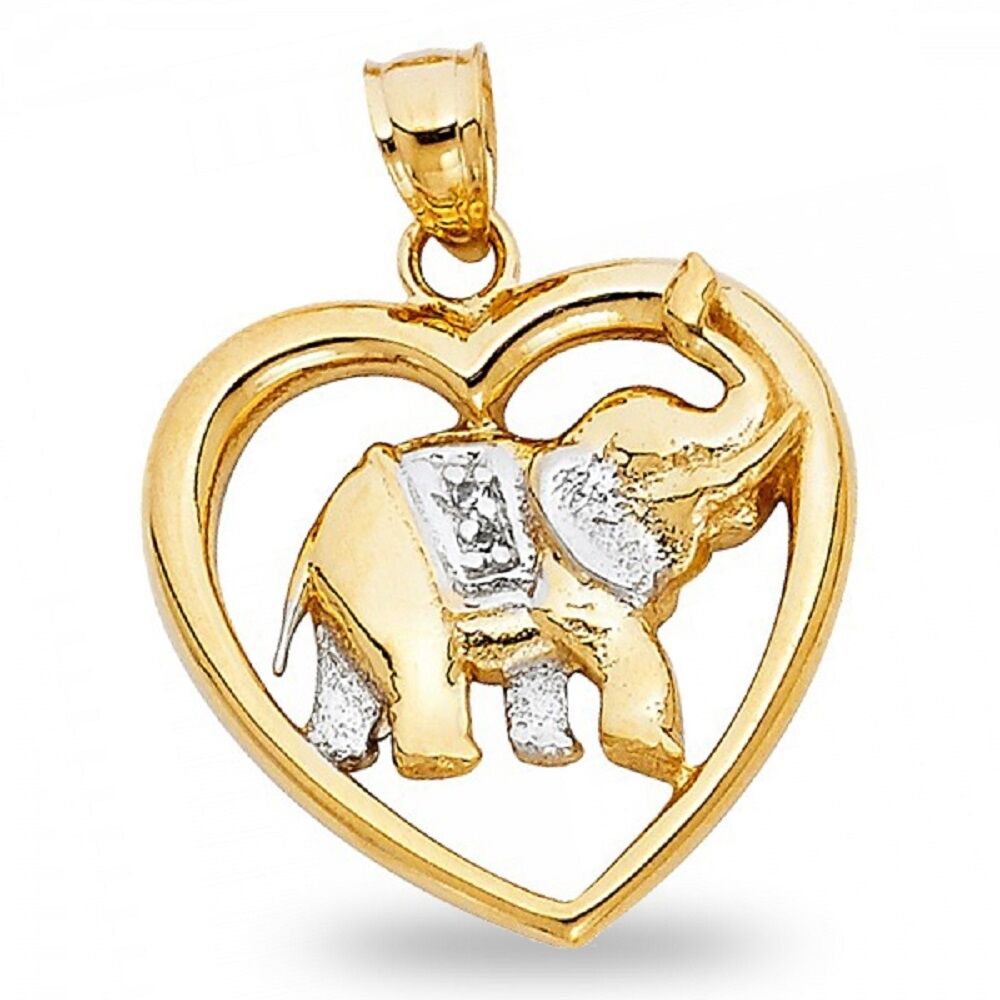 14K Yellow White Tone Gold Elephant Love Heart Charm