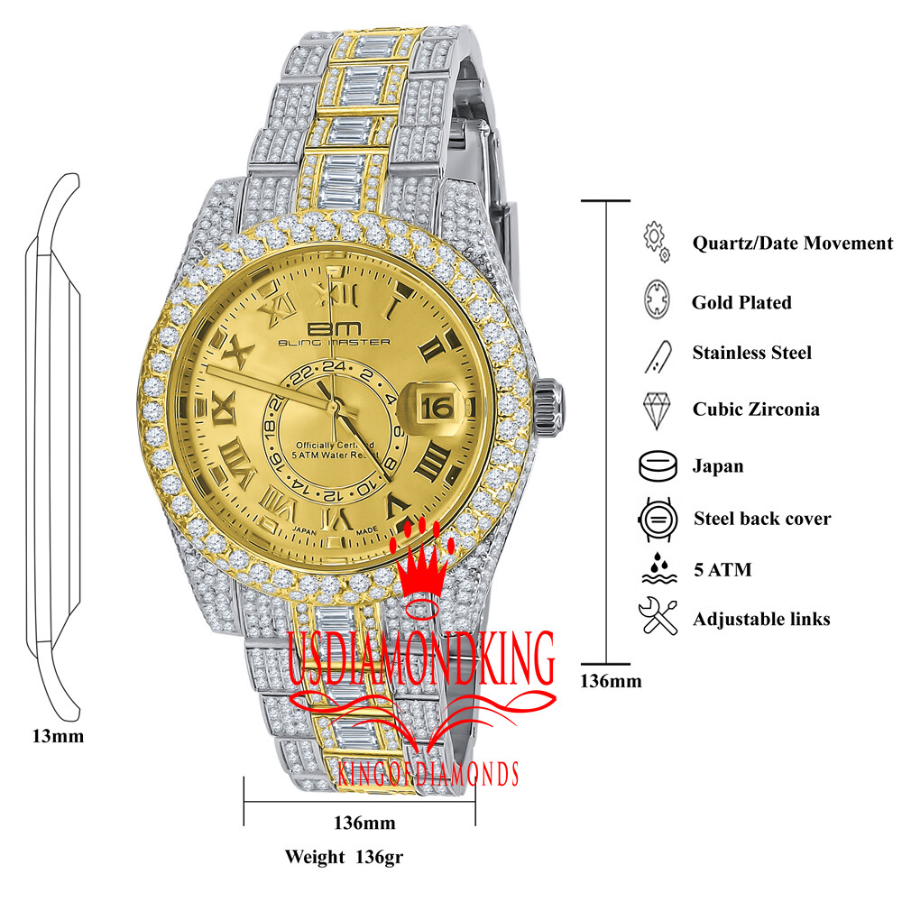 Pre-owned Bling Master Mens Full Stainless Steel 2 Tone Gold Finish Simulated Diamond Watch 42mm W/date