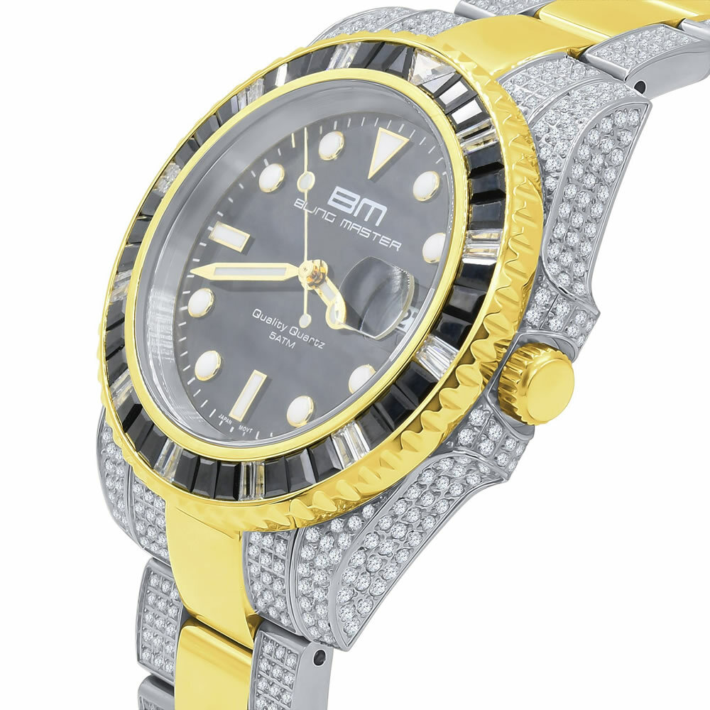 Pre-owned Bling Master 18k 2 Tone Gold Finish Stainless Steel 40mm Simulated Diamond Men's Watch W/date