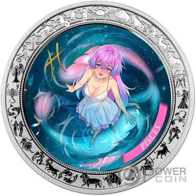 PISCES Anime Zodiac 1 Oz Moneta Argento 5 Cedis Ghana 2025