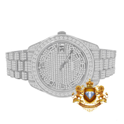 Pre-owned Usdiamondking Full Solid Steel 18k White Gold Tone Simulated Diamond Luxury Watch 42mm W/date