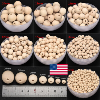 1-250Pcs Wood Craft Beads Round Natural Unfinished Wood 8/10/12/14/18mm/20mm US