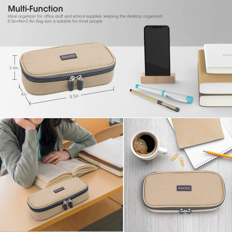 Aiscool Big Capacity Pencil Case Canvas Holder Bag Pen Organizer Pouch Khaki