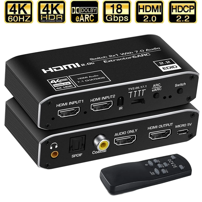 2x1 4K 120Hz HDMI Switch eARC Audio Extractor ARC & Optical Toslink HDMI 2.0 Swi