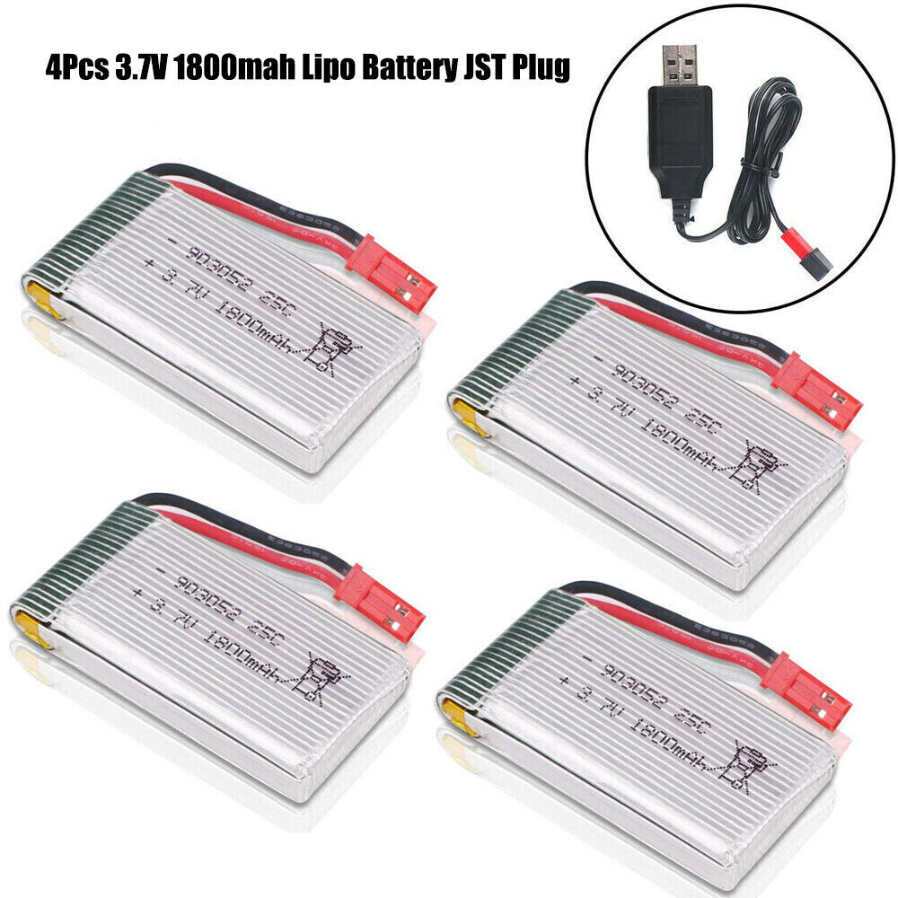 Pack (4) High Capacity LiPo DRONE BATTERY 3.7V 1800mAh 25C JST Plug w/ USB Cable