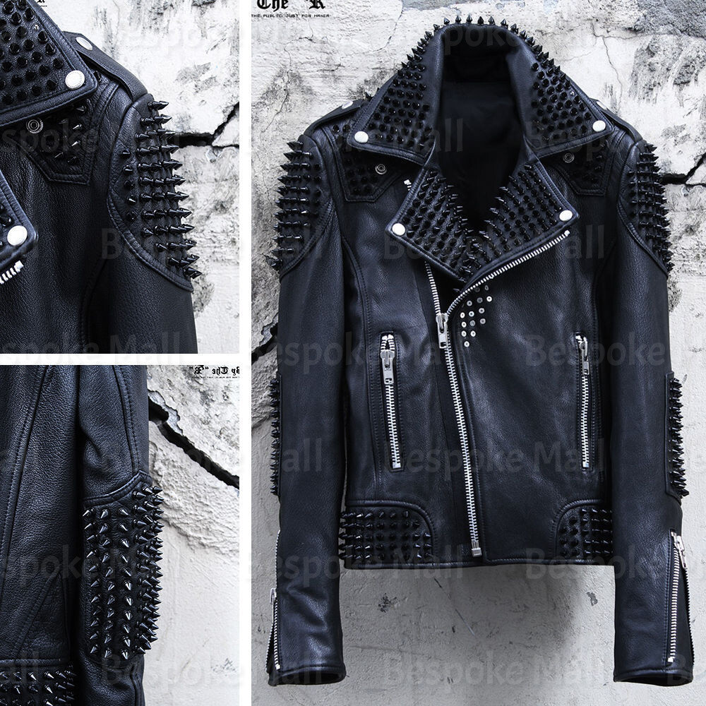 Pre-owned Handmade Men's  Black Punk Black Metal Spiked Cowhide Leather Jacket -548