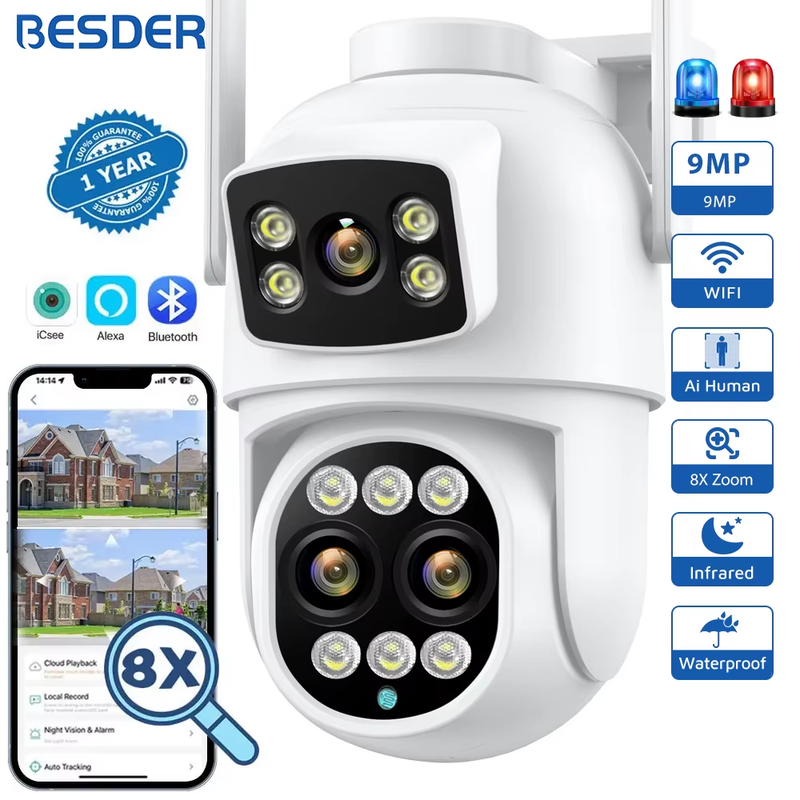 9MP PTZ Wifi Camera Dual Screen 8X Digital Zoom Human Detection Outdoor Security
