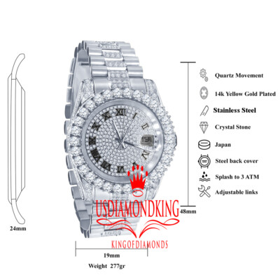 Pre-owned Usdiamondking 18k White Gold Solid Stainless Steel Simulated Diamonds Presidential Watch 41mm