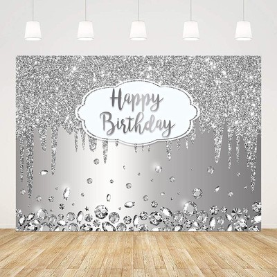 7x5ft Happy Birthday Backdrop Dripping Glitter Crystal Diamond Silver Photo B...