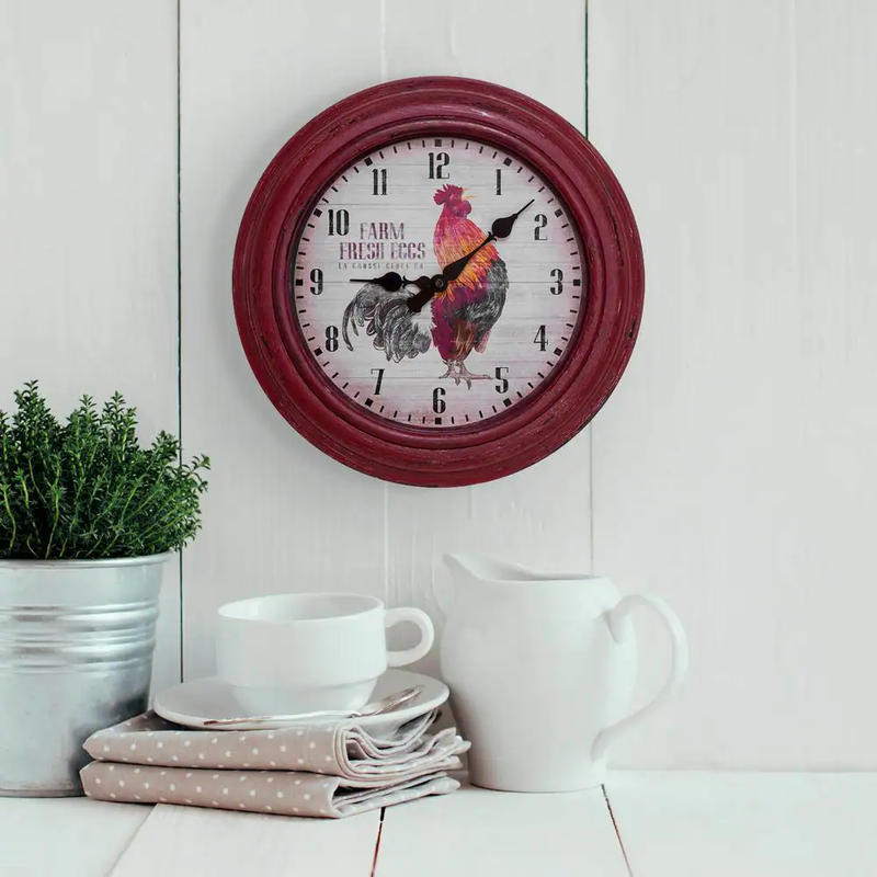 12  Round Distressed Red Rooster Quartz Analog Wall Clock Rustic Farmhouse Style