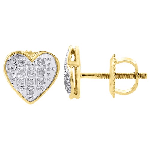 Pre-owned Jfl Diamonds & Timepieces 10k Yellow Gold Diamond Heart Studs Ladies Mini 7.65mm Earrings Pave Set 0.05 Ct In White
