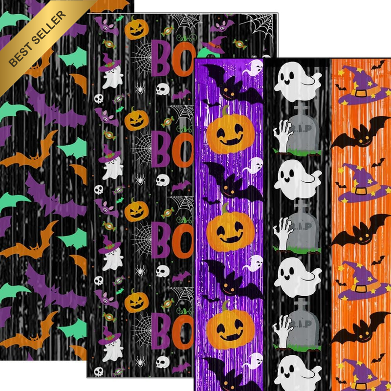 3Pack Halloween Tinsel Fringe Curtain Purple Pumpkin Ghost Bat
