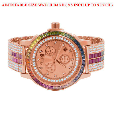 Pre-owned Ice House 18k Rose Gold Tone Solid Steel Bezel Real Diamond Dial Rainbow Multi Tone Watch
