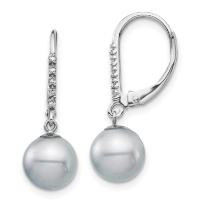 14k White Gold 8-9mm Grey Pearl .05ct Diamond Leverback Drop