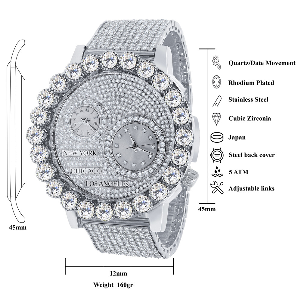 Pre-owned Ice Master Men's White Gold Tone Prong Set Real Diamond Dial 2 Time Zone Chronograph Watch