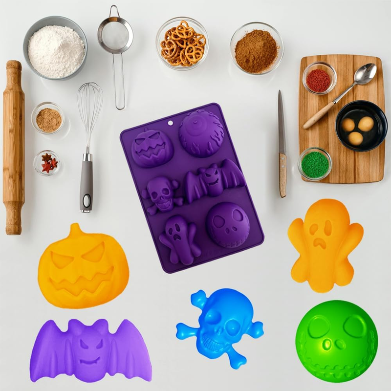 2 Pack Halloween Silicone Molds 6 Shapes with Pumpkin Skull Ghost Bat Scary Eye