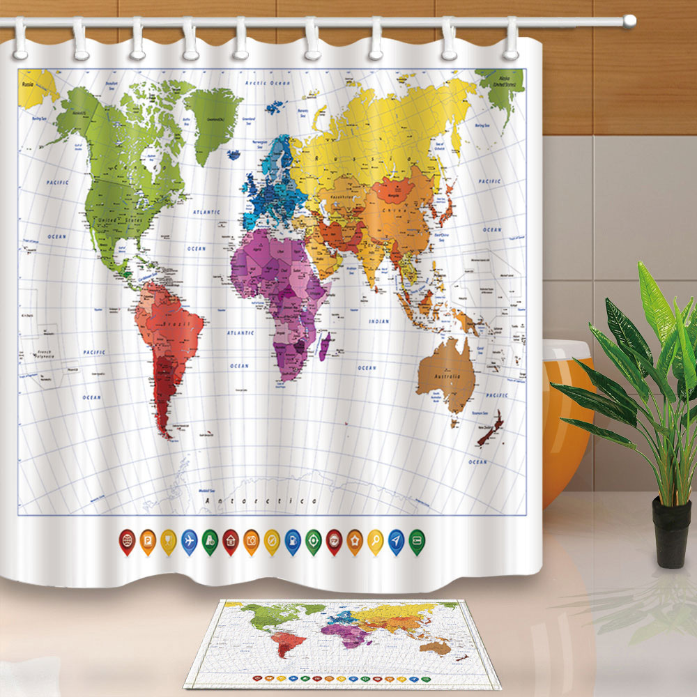 World Map Shower Curtain Bathroom Home Decor Pattern Waterproof