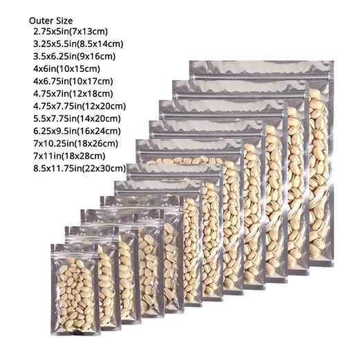 Assorted Sizes Glossy Mylar Foil Clear Front Silver Rear Zip Lock Pouch Bag M