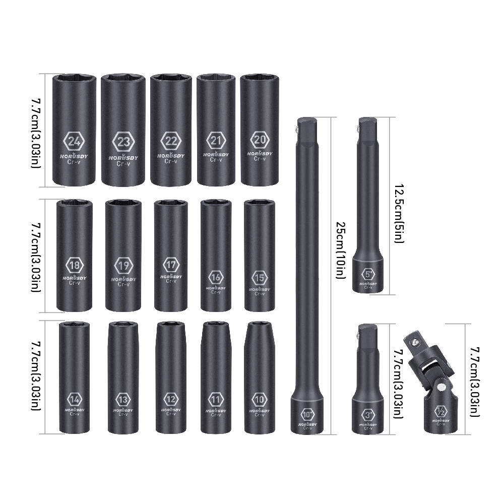 19Pcs Impact Deep Socket Set 1024mm 1/2" Drive Extension Bars Flexible