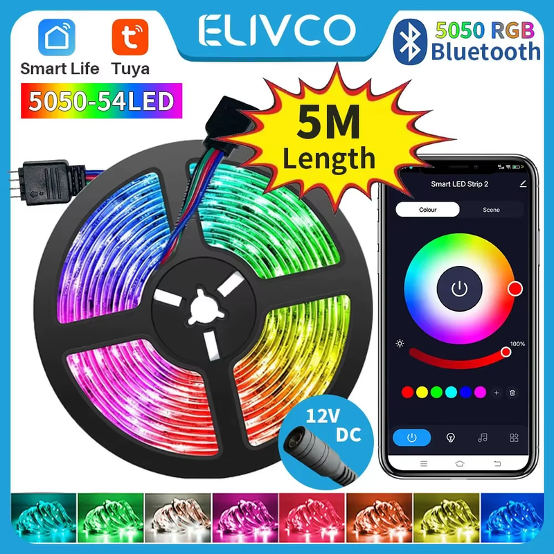 Tuya Smart Life LED Light Strip Bluetooth Control DC12V 5M SMD 5050 54LEDs/M Fle
