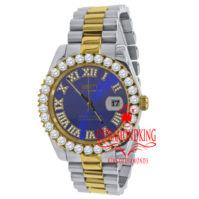 Pre-owned Bling Master 18k 2 Tone Gold Solid Steel Blue Dial Simulated Diamond Presidential Mens Watch