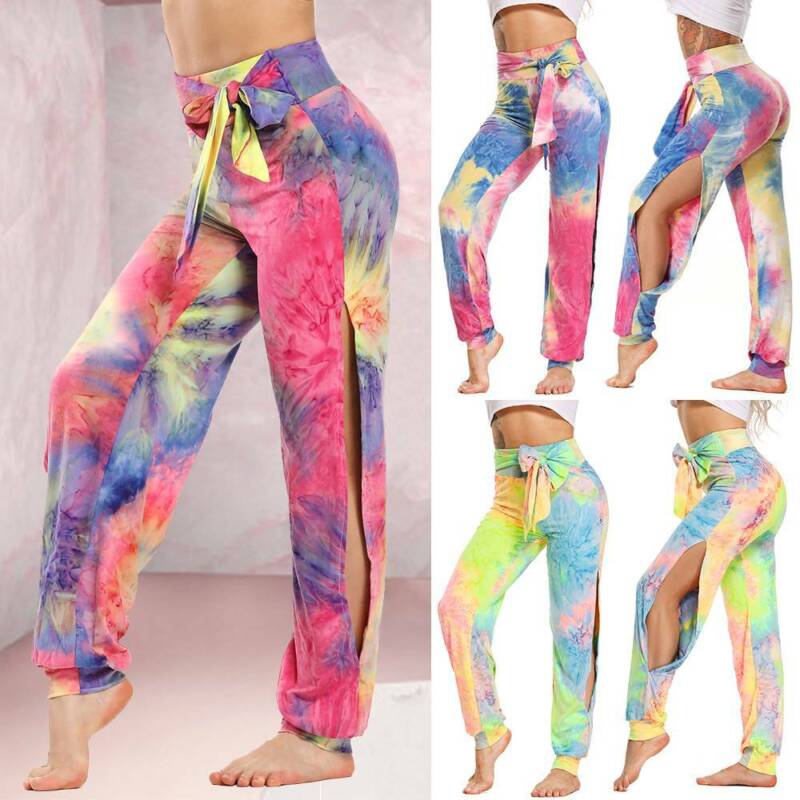 Womens High Waist Yoga Wide Leg Pants With Side Slits Running Gym Loose Joggers | eBay
