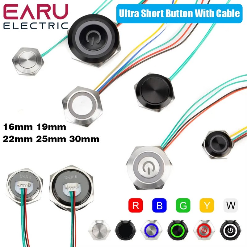 16/19/22/25/30mm With Wires Short Stroke Waterproof Metal Push Button Switch 1NO