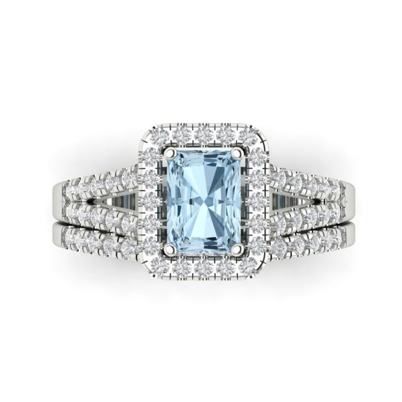 1.60 Ct Emerald Round Halo Sky Blue Topaz Promise Bridal Ring Set 14k White Gold