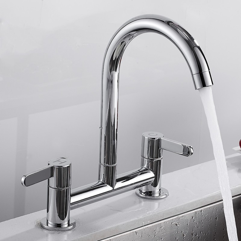 Modern Dual Lever Kitchen Sink Mixer Taps 2 Hole Deck Mounted Tap