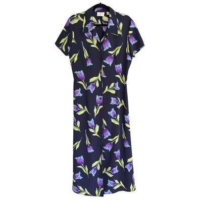 Liz Claiborne Company First Issue Vtg 90s Navy Floral Tulip Button Maxi Dress 14