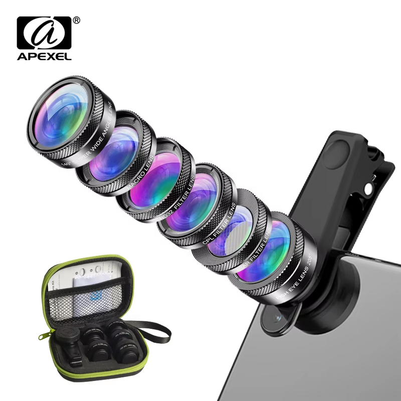 APEXEL Universal 6 in 1 Phone Camera Lens Kit Fish Eye Lens Wide Angle macro Len