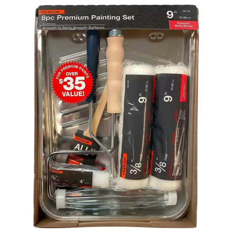 Paint Roller Kit Paint Tray Set 8 pc Roller Brush Frame Tray Liner Kit Pro 9 in