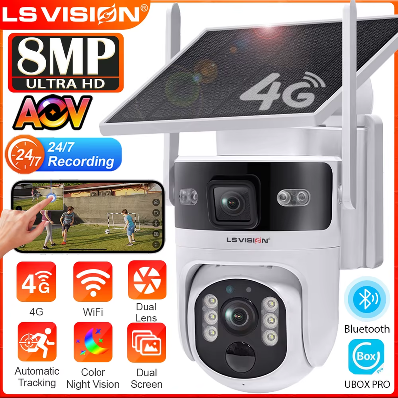 8MP 4G LTE Solar Camera Dual Screen AOV+PIR Mode WiFi Security Camera 7/24 Recor