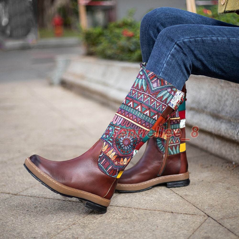 Womens Boho Style Real Leather Splicing Knee High Boots Zip